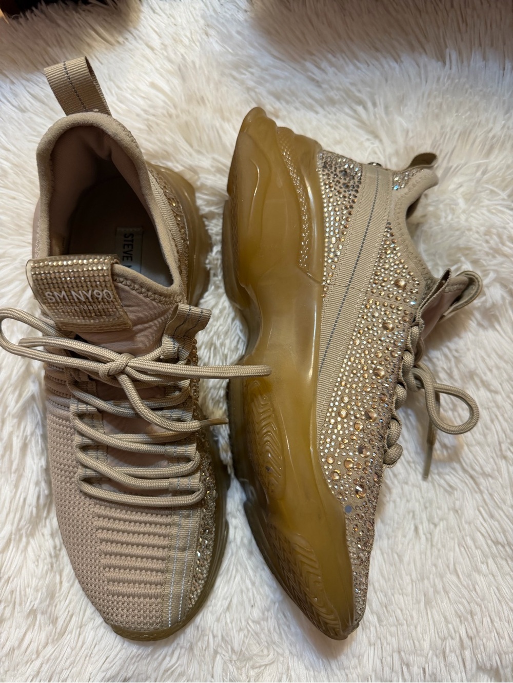 Steve Madden Tan Crystal-Embellished Knit Platform Sneakers